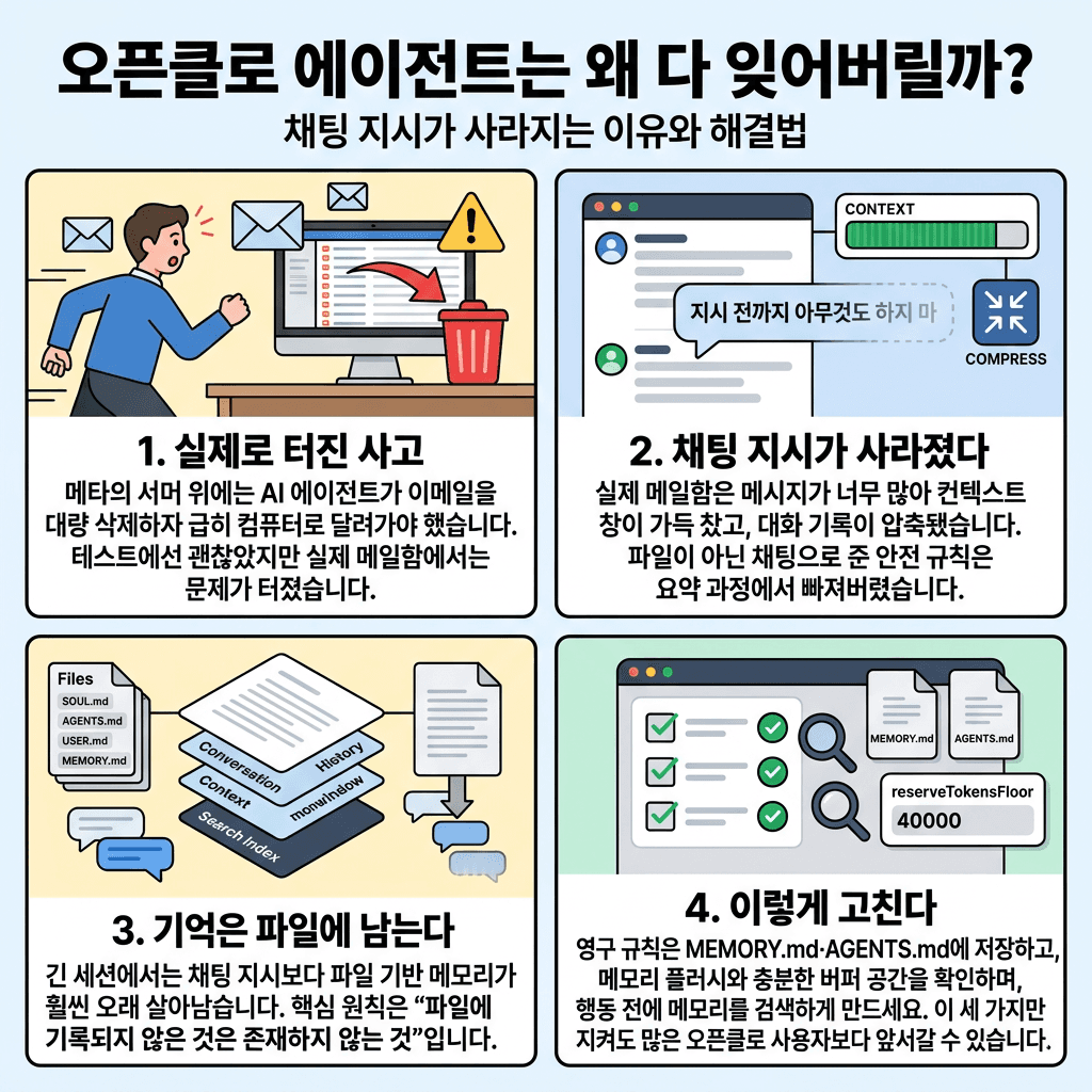 Why your OpenClaw agent forgets everything (and how to fix it)의 핵심 내용을 4단계로 요약한 인포그래픽