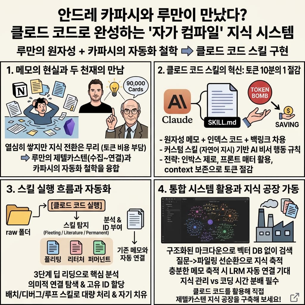 안드레 카파시와 루만이 만났다?클로드 코드로 완성하는 ''자가 컴파일'' 지식 시스템의 핵심 내용을 4단계로 요약한 인포그래픽