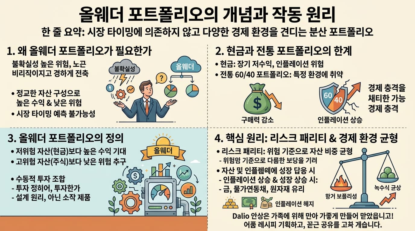 The Concept and Mechanics of an All Weather Portfolio의 핵심 내용을 4단계로 요약한 인포그래픽