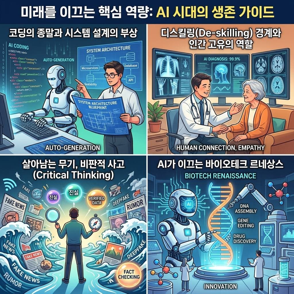 Dario Amodei AI 인사이트 코딩 자동화와 인간 경쟁력 재정의의 핵심 내용을 4단계로 요약한 인포그래픽