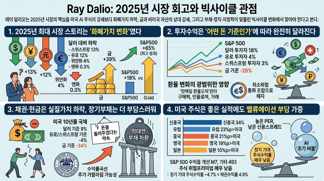 Ray Dalio: 2025년 시장 회고와 빅사이클 관점의 핵심 내용을 4단계로 요약한 인포그래픽
