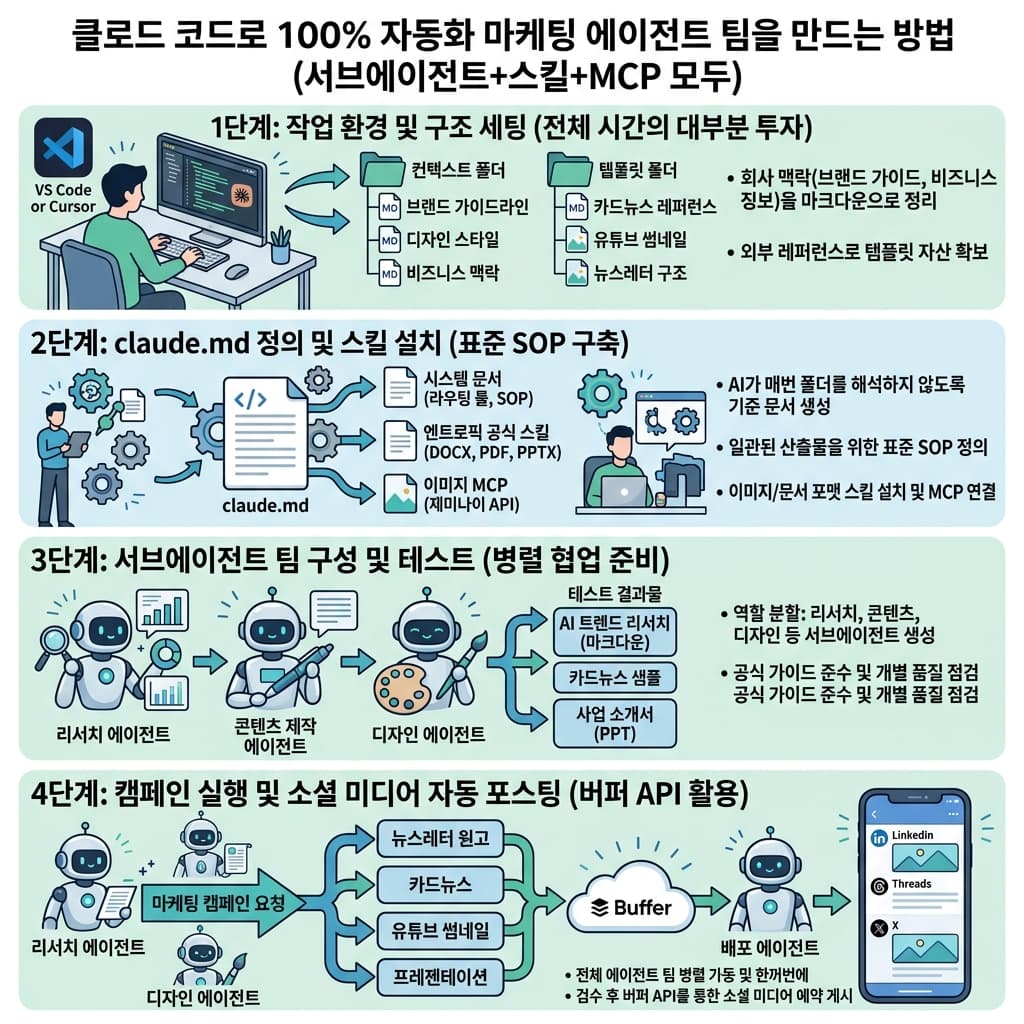 클로드 코드로 100% 자동화 마케팅 에이전트 팀을 만드는 방법 (서브에이전트+스킬+MCP 모두)의 핵심 내용을 4단계로 요약한 인포그래픽