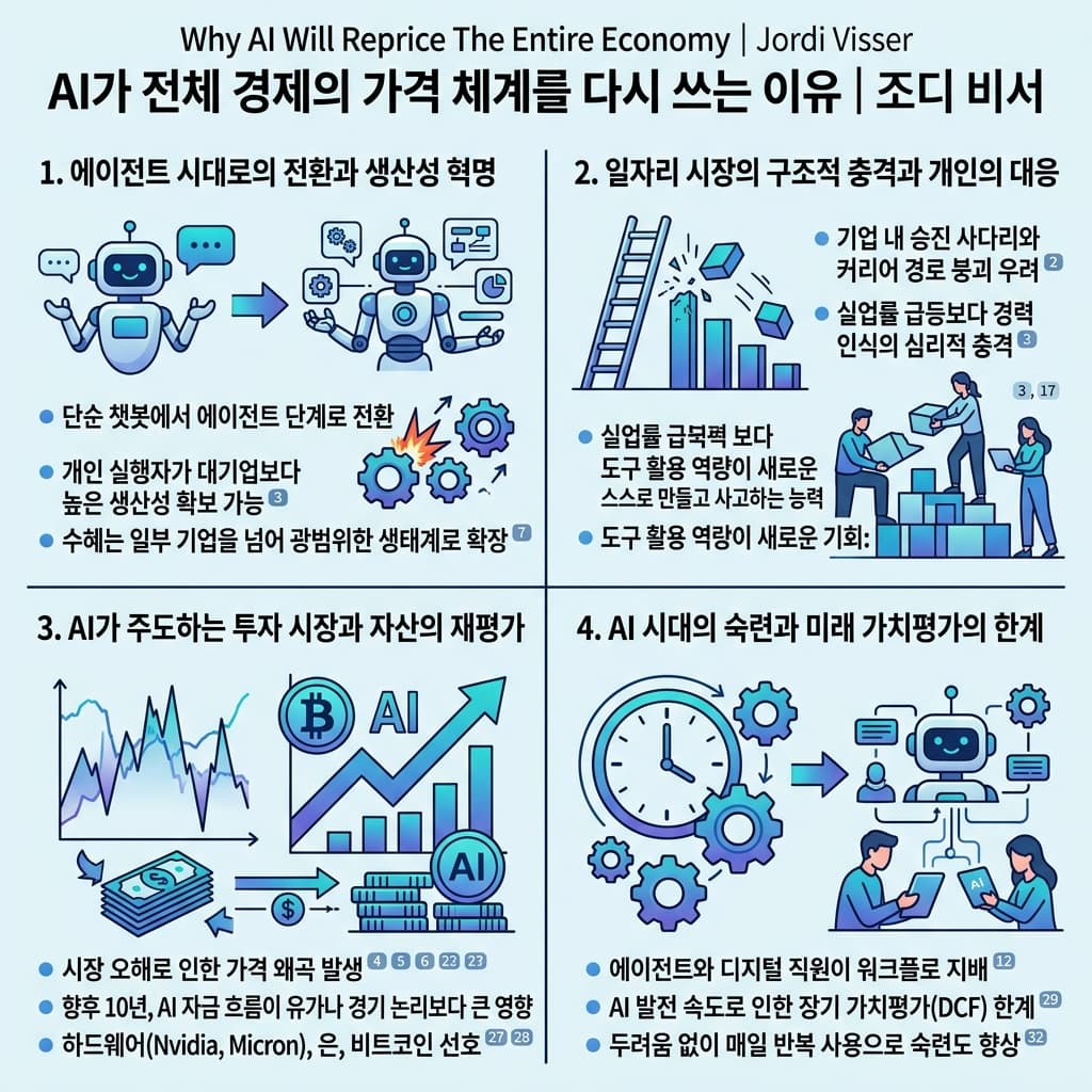 Why AI Will Reprice The Entire Economy의 핵심 내용을 4단계로 요약한 인포그래픽