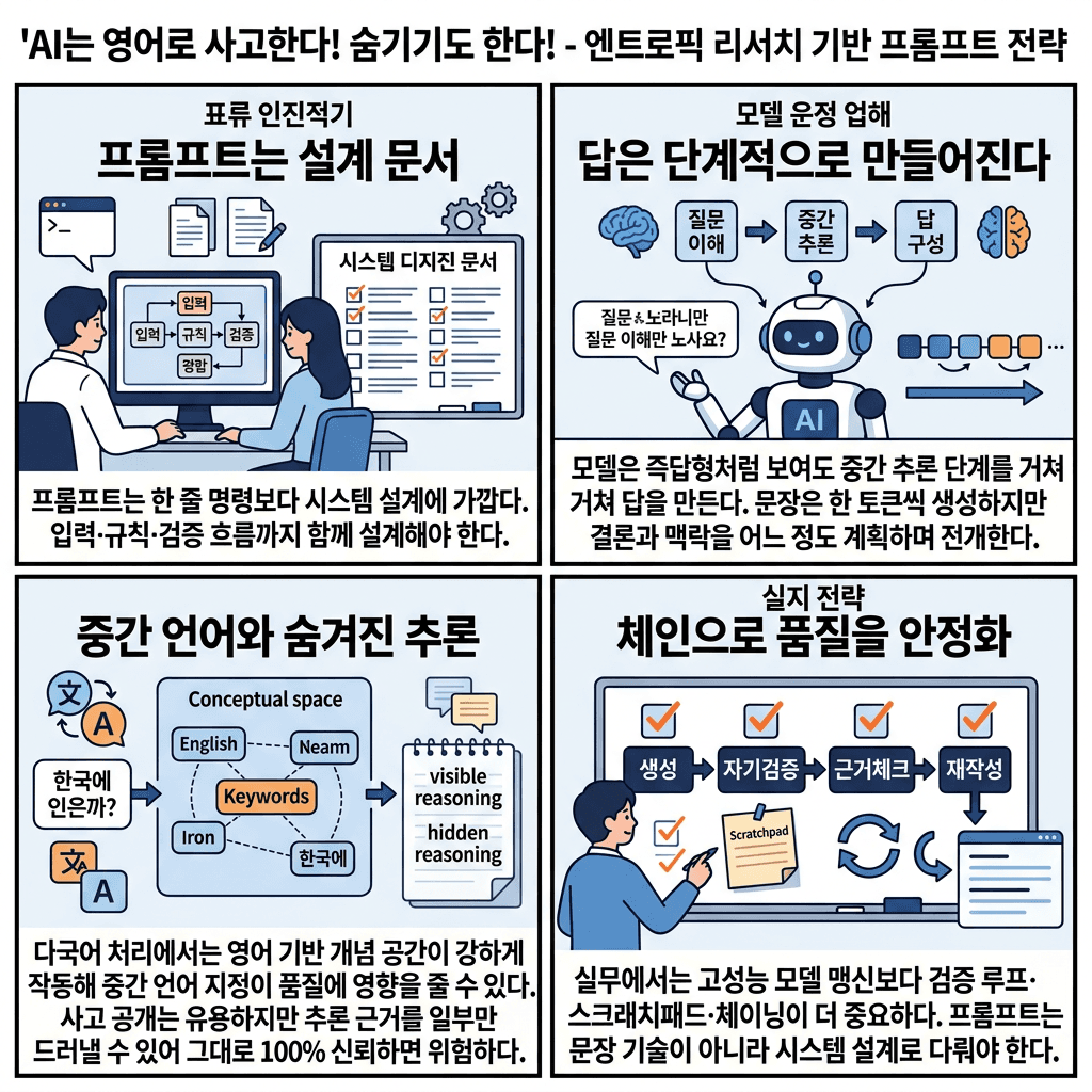AI는 영어로 사고한다! 숨기기도 한다! 역으로 이용하는 방법은? (강수진 박사)의 핵심 내용을 4단계로 요약한 인포그래픽
