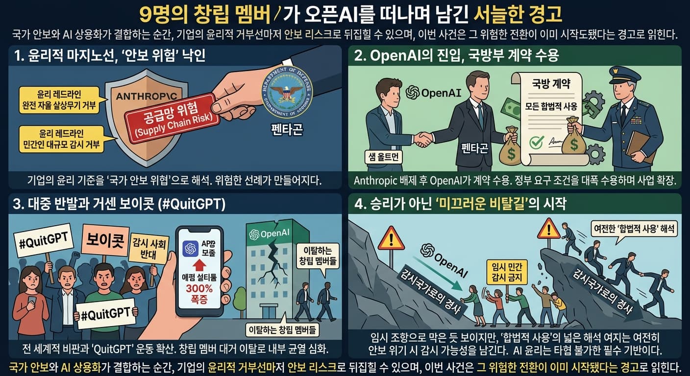 9명의 창립 멤버가 오픈AI를 떠나며 남긴 서늘한 경고의 핵심 내용을 4단계로 요약한 인포그래픽