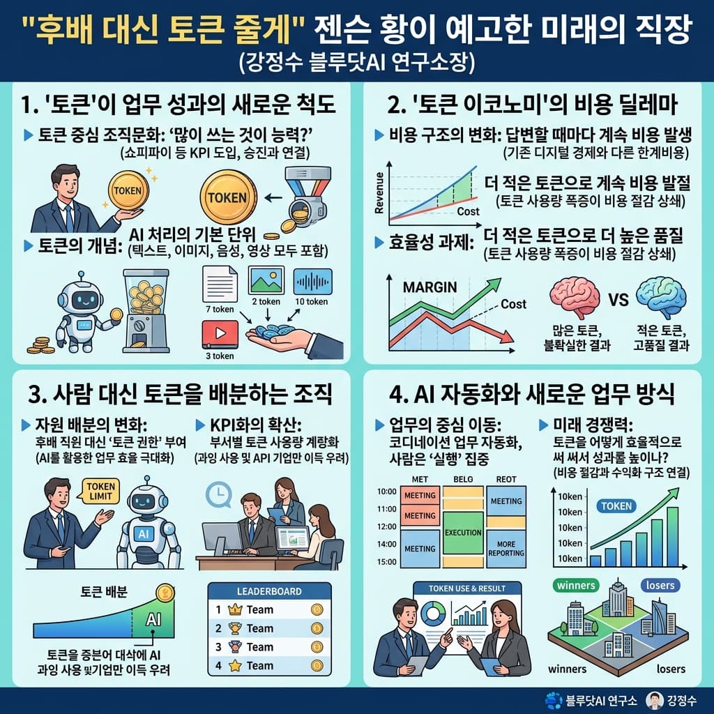 후배 대신 토큰 줄게" 젠슨 황이 예고한 미래의 직장 (강정수 블루닷AI 연구소장)의 핵심 내용을 4단계로 요약한 인포그래픽