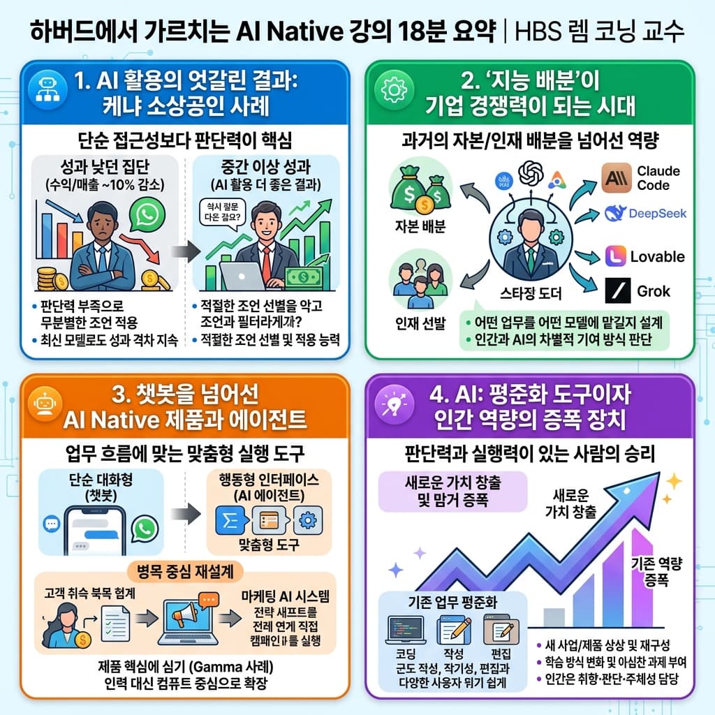 하버드에서 가르치는 AI Native 강의 18분 요약의 핵심 내용을 4단계로 요약한 인포그래픽