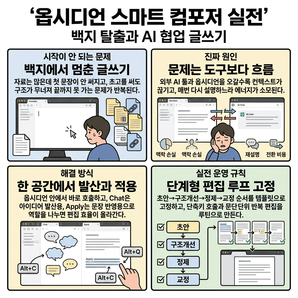 AI와 함께 쓰는 글쓰기 혁명! 옵시디언 플러그인 Smart Composer 완전 정복의 핵심 내용을 4단계로 요약한 인포그래픽