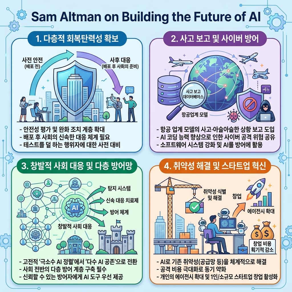 Sam Altman on Building the Future of AI의 핵심 내용을 4단계로 요약한 인포그래픽
