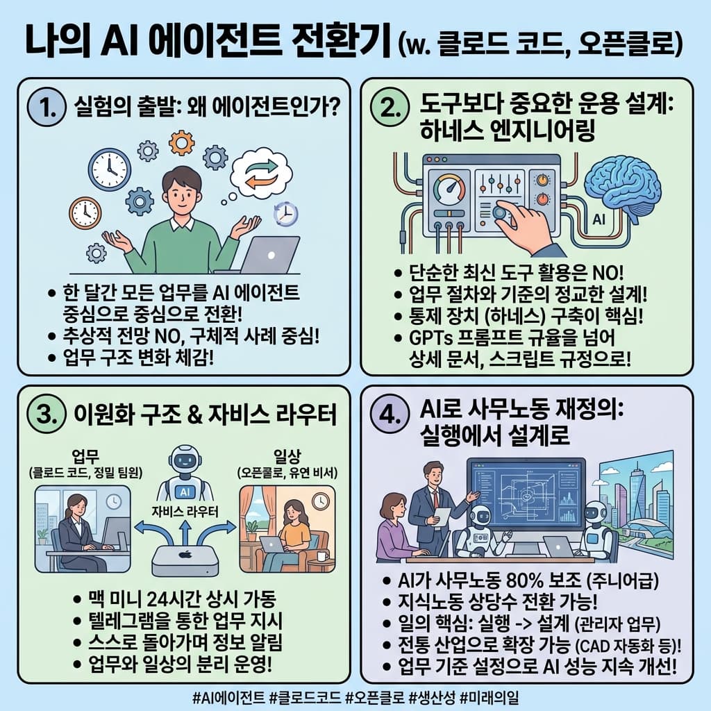 나의 AI 에이전트 전환기 (w. 클로드 코드, 오픈클로)의 핵심 내용을 4단계로 요약한 인포그래픽