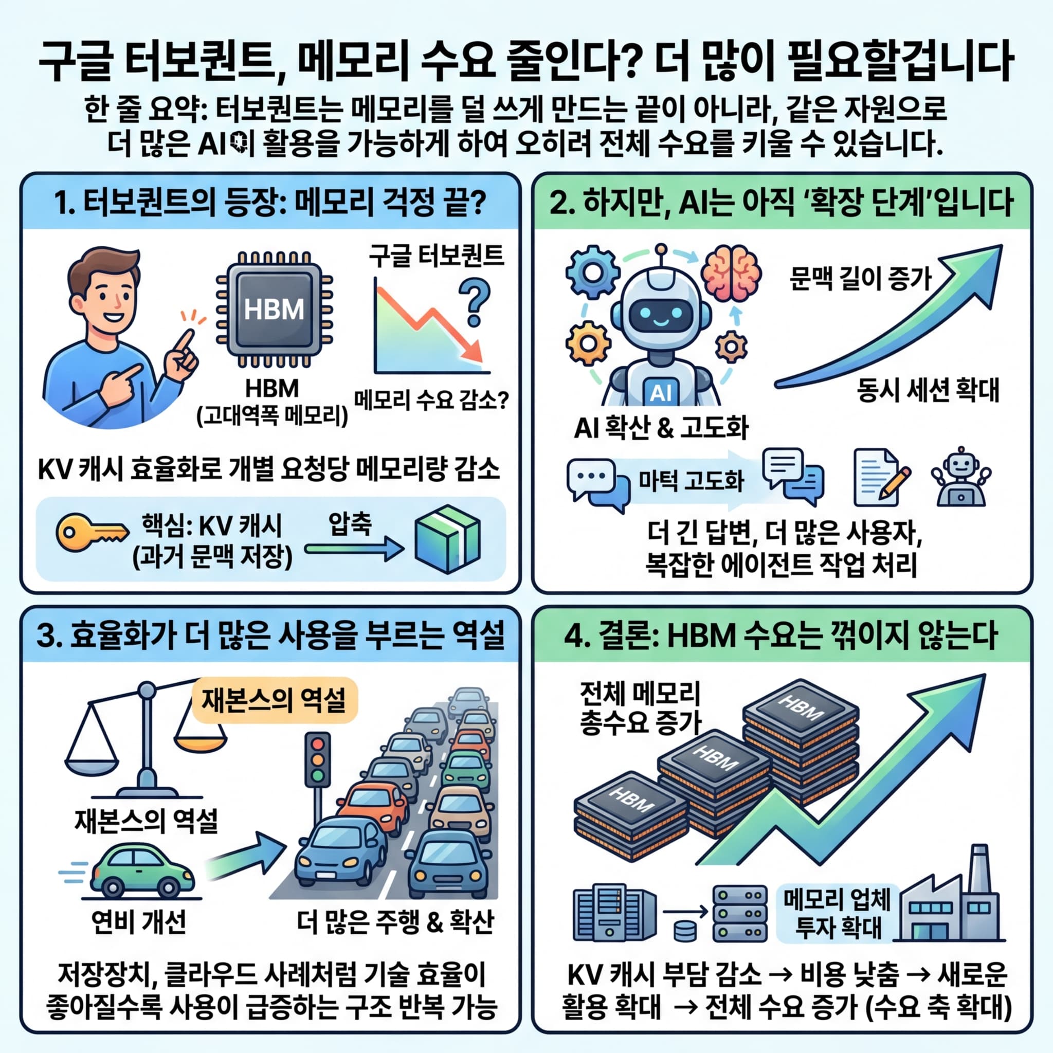구글 터보퀀트, 메모리 수요 줄인다? 더 많이 필요할겁니다의 핵심 내용을 4단계로 요약한 인포그래픽