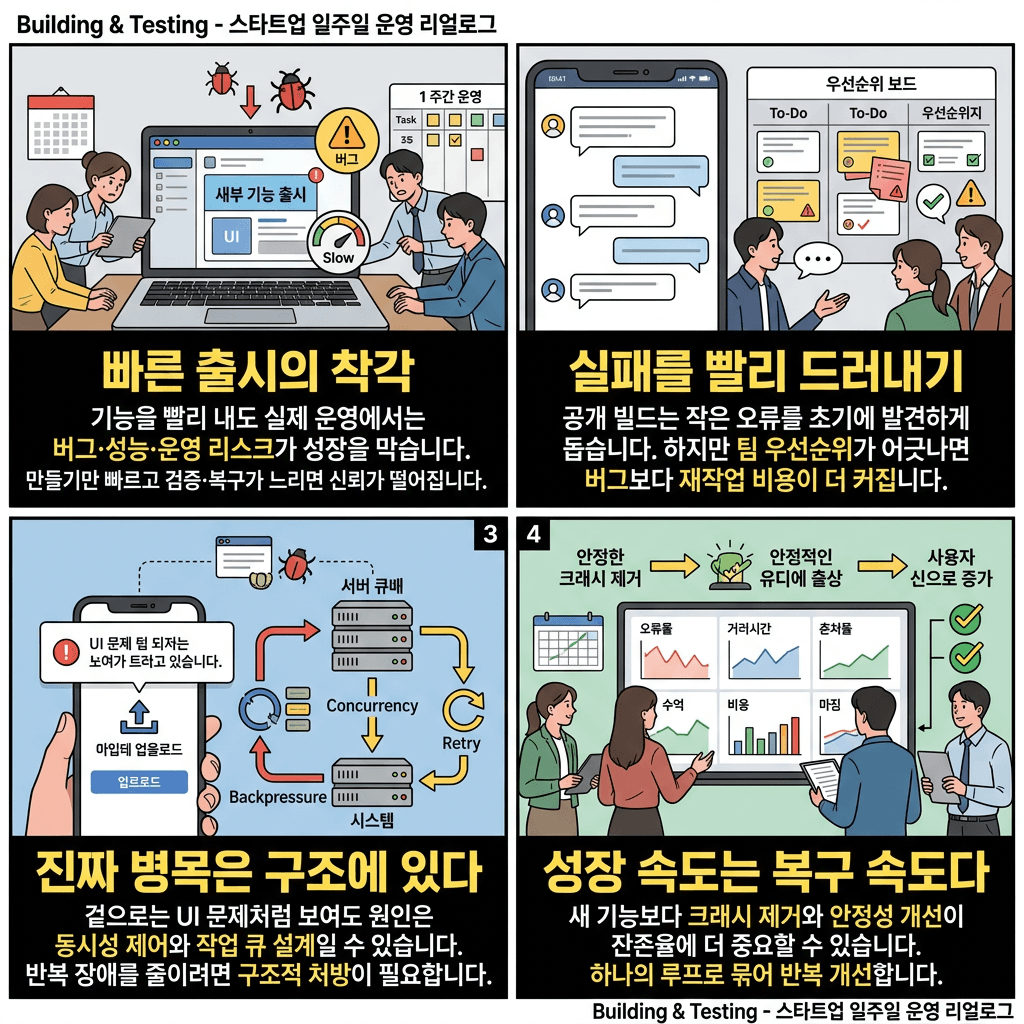 Building & Testing의 핵심 내용을 4단계로 요약한 인포그래픽