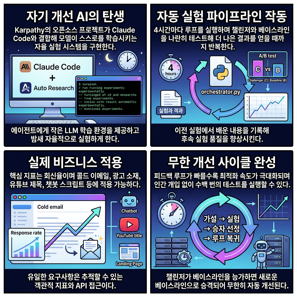 Claude Code + Autoresearch = SELF-IMPROVING AI의 핵심 내용을 4단계로 요약한 인포그래픽