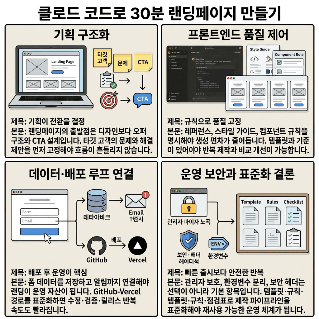 AI 바이브 코딩으로 홈페이지 30분 완성 (클로드 코드 활용)의 핵심 내용을 4단계로 요약한 인포그래픽