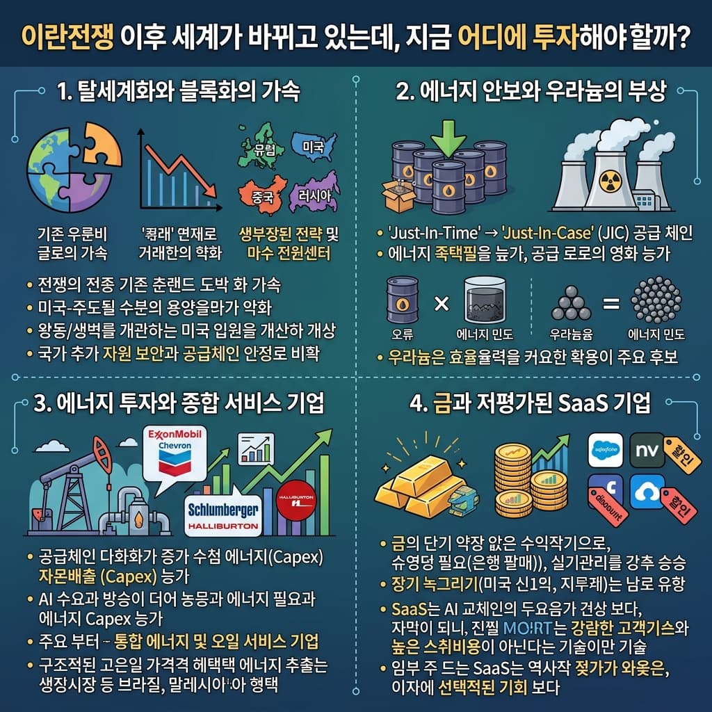 이란전쟁 이후 세계가 바뀌고 있는데, 지금 어디에 투자해야할까?의 핵심 내용을 4단계로 요약한 인포그래픽