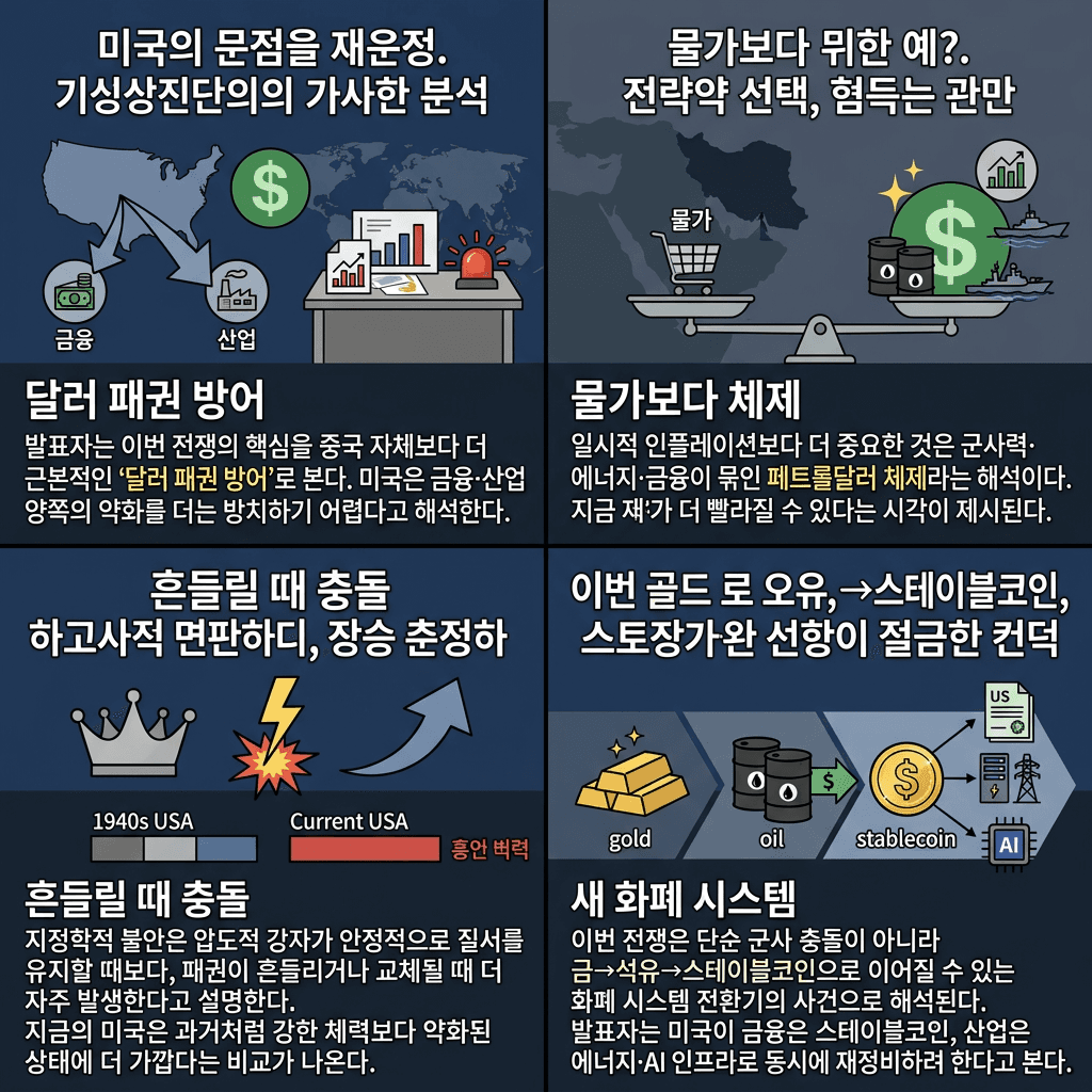 진짜 목적은 따로 있다"...트럼프는 왜 이란 공습을 서두를까, 전쟁 후 닥칠 ''금융 패권'' 시나리오 (ft.성상현 중소기업중앙회 부부장) / 교양이를 부탁해 / 비디오머그의 핵심 내용을 4단계로 요약한 인포그래픽
