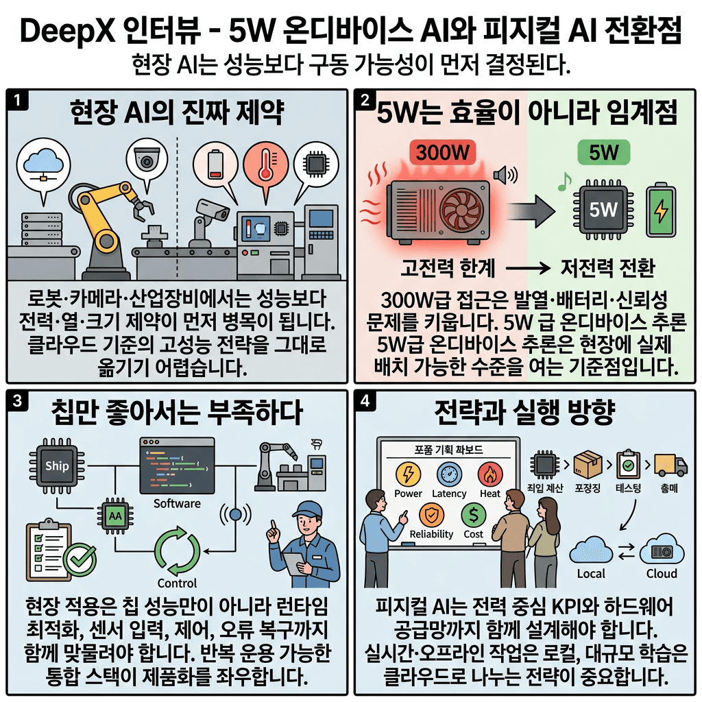 데이터센터 없는 AI가 온다" 300W급 성능 5W로 구현하는 온디바이스 AI혁신 (김녹원 딥엑스 대표)의 핵심 내용을 4단계로 요약한 인포그래픽