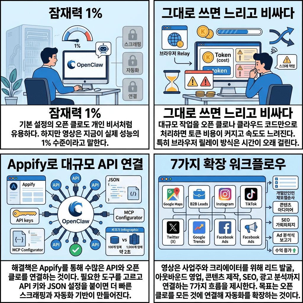 Do This & Make OpenClaw 10,000x More Powerful (+ 7 Scaling Workflows)의 핵심 내용을 4단계로 요약한 인포그래픽
