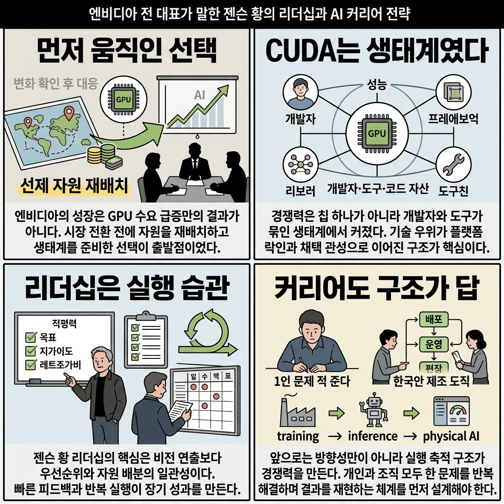 한국이 AI 시장 주도할 것" 엔비디아 코리아 대표가 이야기 하는 한국이 잘 될 일만 남은 이유ㅣ엔비디아 코리아 유응준 전 대표의 핵심 내용을 4단계로 요약한 인포그래픽