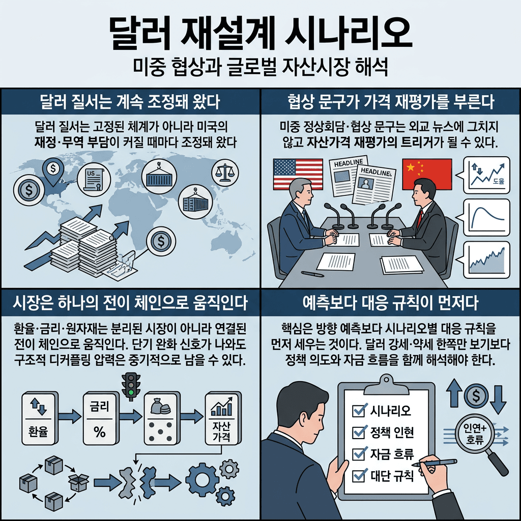 이미 판은 다 짜였다"...베센트의 치밀한 ''달러 재설계'' 시나리오 (ft.오건영 신한 프리미어 패스파인더 단장) / 교양이를 부탁해 / 비디오머그의 핵심 내용을 4단계로 요약한 인포그래픽