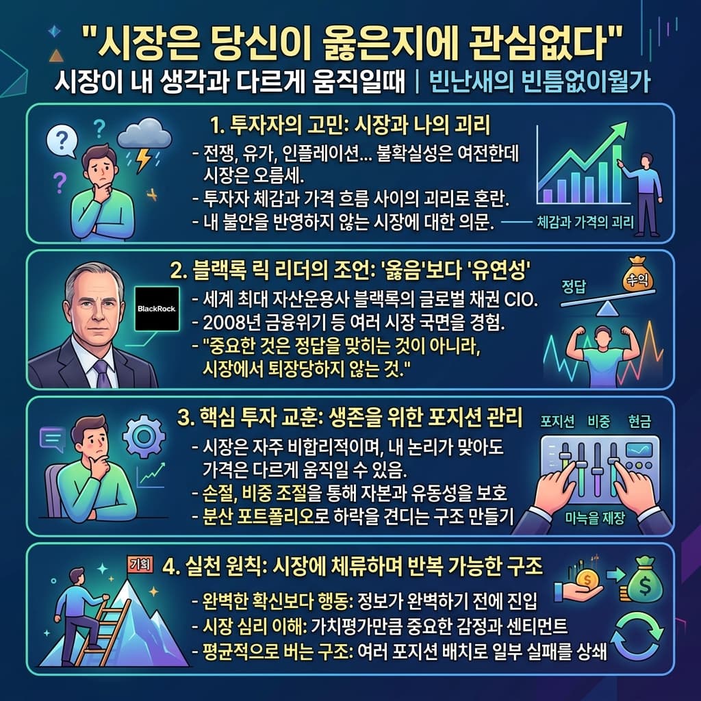 시장은 당신이 옳은지에 관심없다" 시장이 내 생각과 다르게 움직일때의 핵심 내용을 4단계로 요약한 인포그래픽