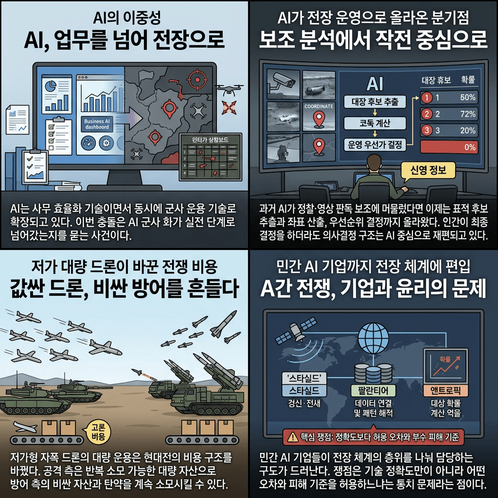 드론, 스페이스X, 팔란티어, 앤트로픽의 합작'' 미국의 최초 AI전쟁 해부의 핵심 내용을 4단계로 요약한 인포그래픽