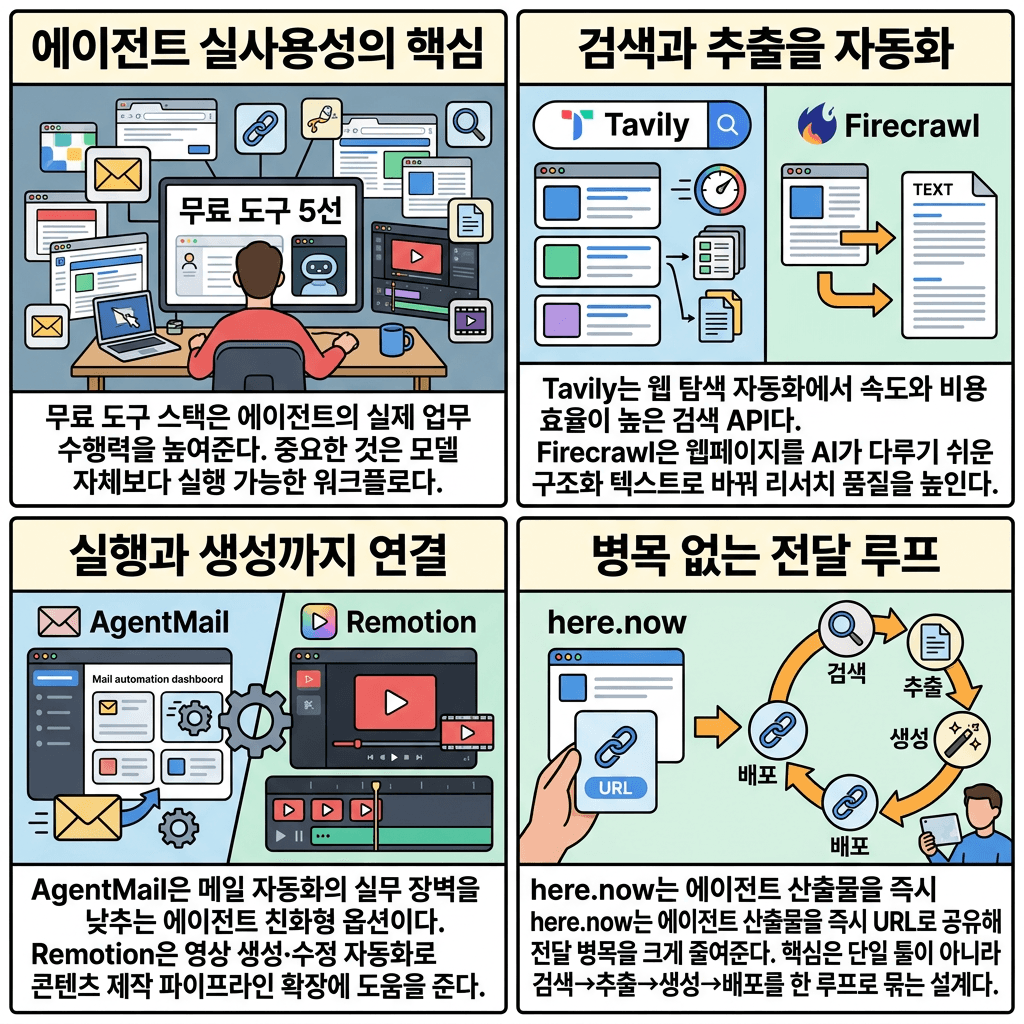 Stop Sleeping on These 5 Free OpenClaw Tools의 핵심 내용을 4단계로 요약한 인포그래픽