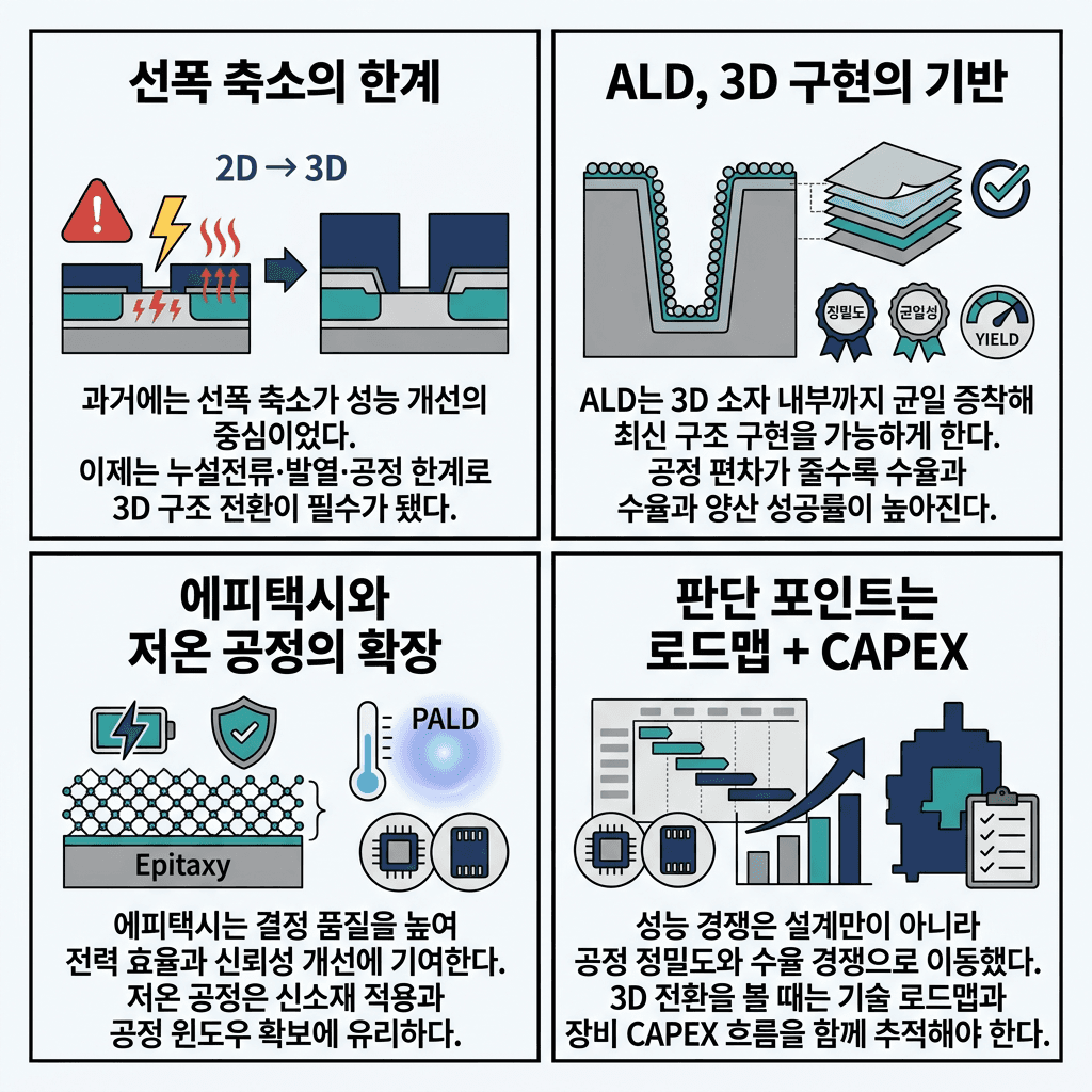 GAA, 3D DRAM, NAND도 이 기술 없인 불가능의 핵심 내용을 4단계로 요약한 인포그래픽