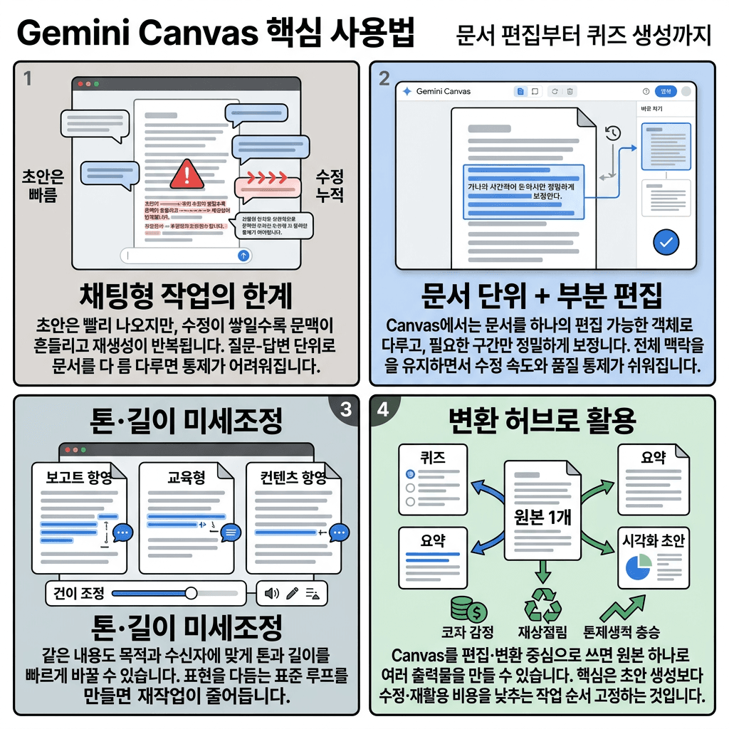 Gemini Canvas 핵심 사용법 - 문서 편집부터 퀴즈 생성까지의 핵심 내용을 4단계로 요약한 인포그래픽