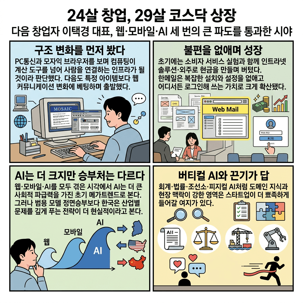 24살 창업, 29살 코스닥 상장" (다음 창업자 이택경 대표) (현 매쉬업벤처스 대표)의 핵심 내용을 4단계로 요약한 인포그래픽