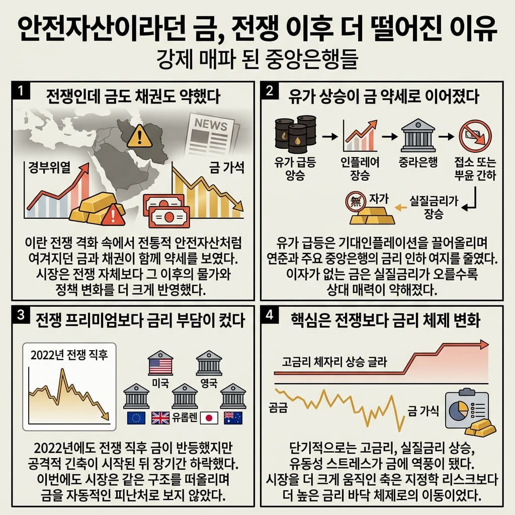 안전자산이라던 금, 전쟁 이후 더 떨어진 이유의 핵심 내용을 4단계로 요약한 인포그래픽