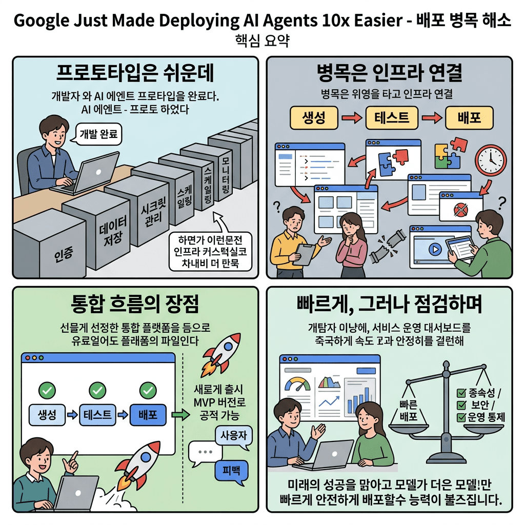 Google Just Made Deploying AI Agents 10x Easier의 핵심 내용을 4단계로 요약한 인포그래픽