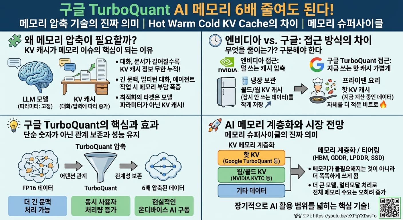 구글 TurboQuant AI 메모리 6배 줄여도 된다! 메모리 압축 기술의 진짜 의미의 핵심 내용을 4단계로 요약한 인포그래픽