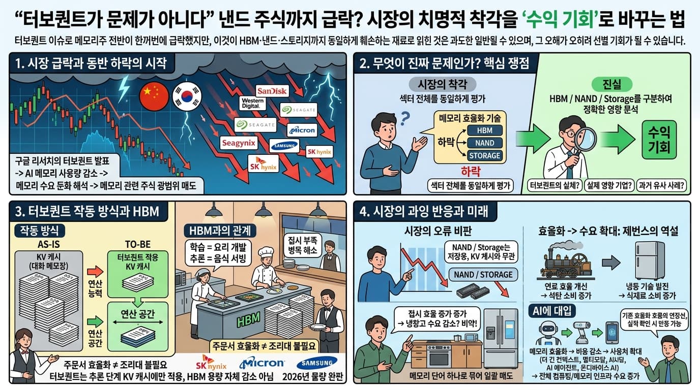 터보퀀트가 문제가 아니다" 낸드 주식까지 급락? 시장의 치명적 착각을 ''수익 기회''로 바꾸는 법의 핵심 내용을 4단계로 요약한 인포그래픽