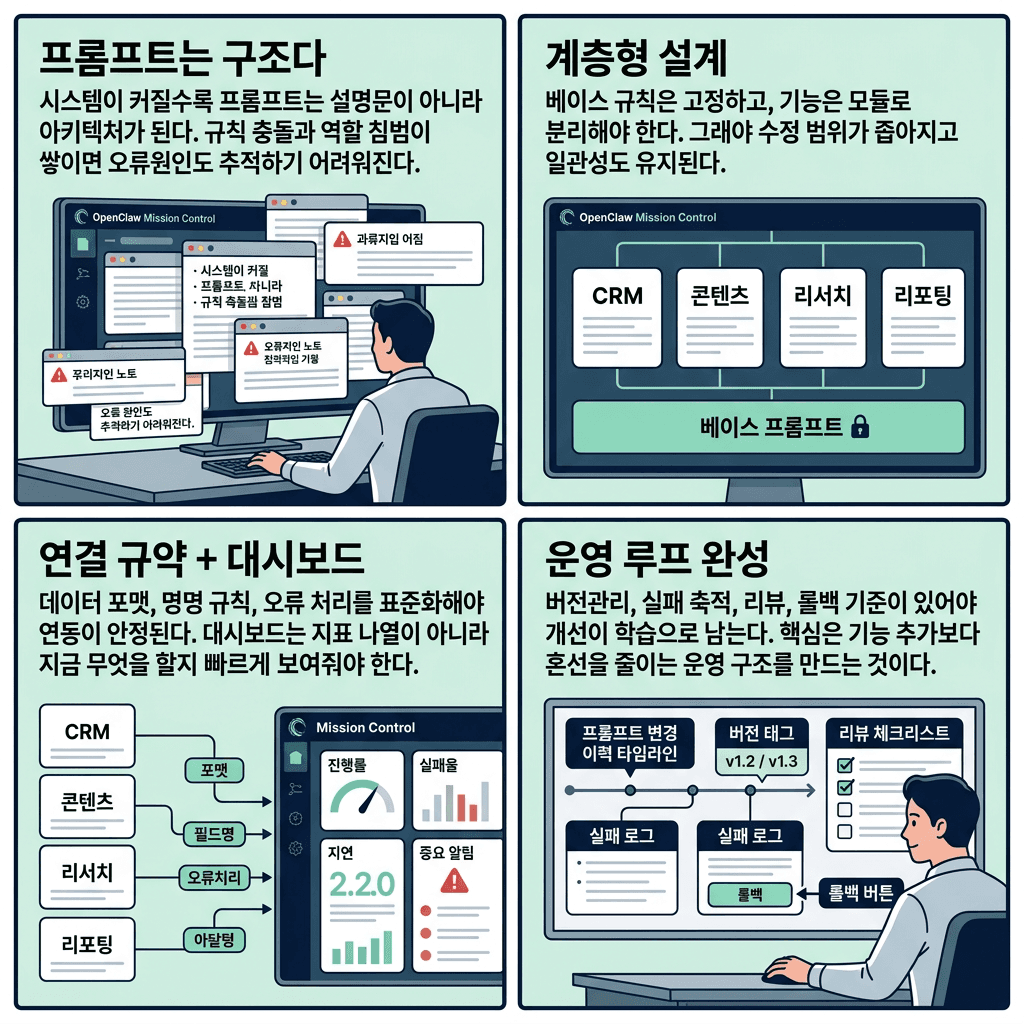 How I Built My OpenClaw Mission Control (Exact Prompts + Free Download)의 핵심 내용을 4단계로 요약한 인포그래픽
