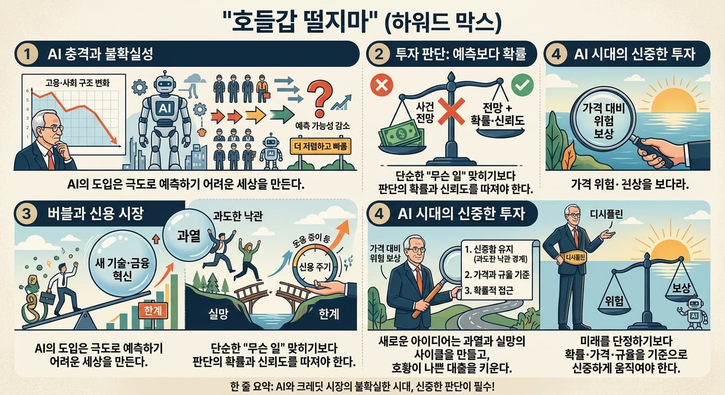 호들갑 떨지마" (하워드 막스)의 핵심 내용을 4단계로 요약한 인포그래픽