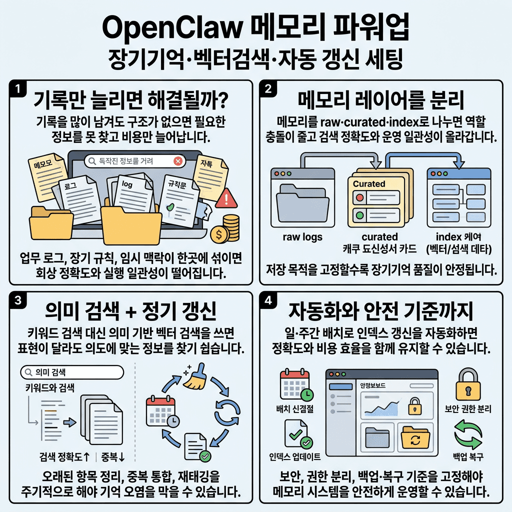 I Gave My OpenClaw a Perfect Memory (Never Forget Again)의 핵심 내용을 4단계로 요약한 인포그래픽