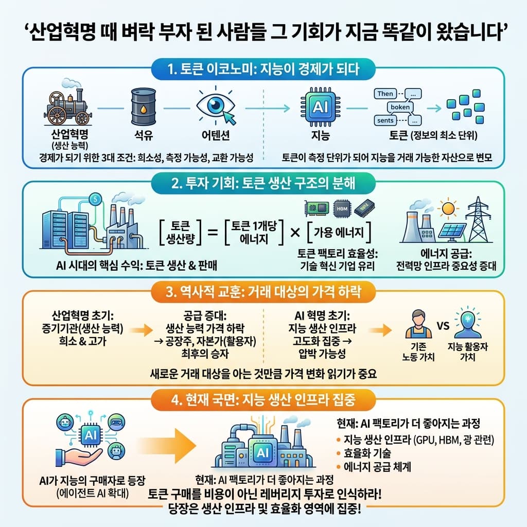 산업혁명 때 벼락 부자 된 사람들 그 기회가 지금 똑같이 왔습니다의 핵심 내용을 4단계로 요약한 인포그래픽