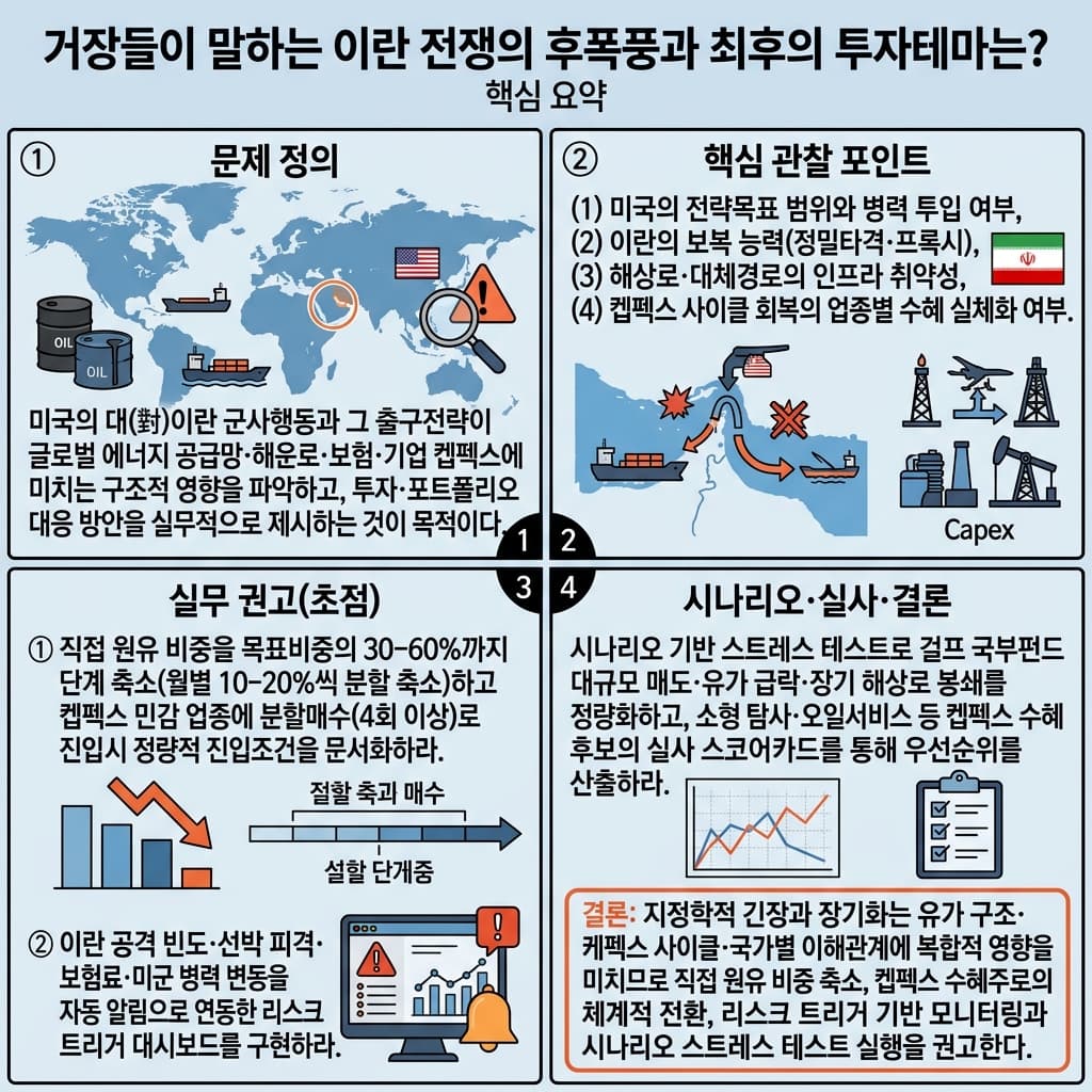 거장들이 말하는 이란 전쟁의 후폭풍과 최후의 투자테마는?의 핵심 내용을 4단계로 요약한 인포그래픽