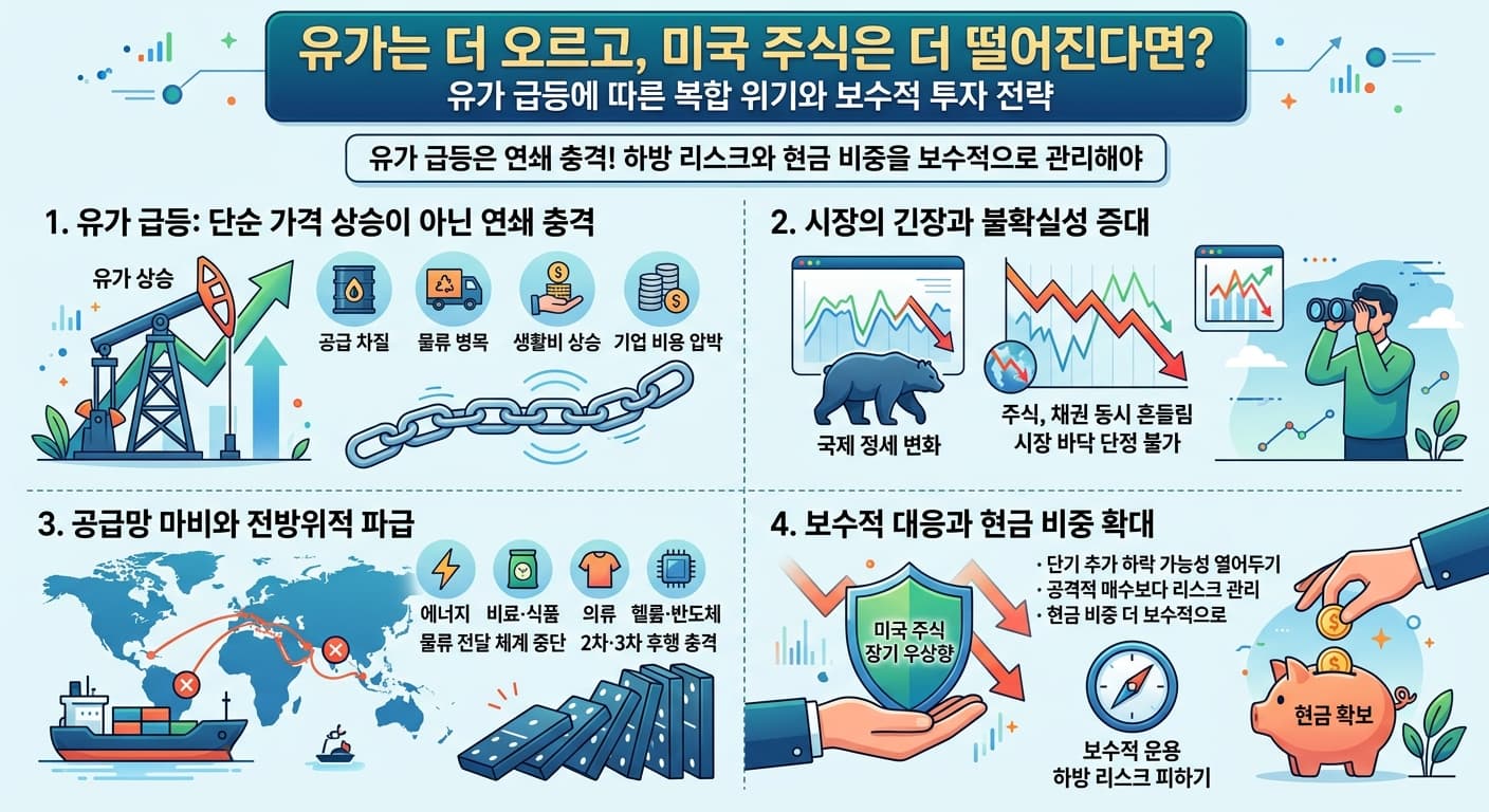 유가는 더 오르고, 미국 주식은 더 떨어진다면?의 핵심 내용을 4단계로 요약한 인포그래픽