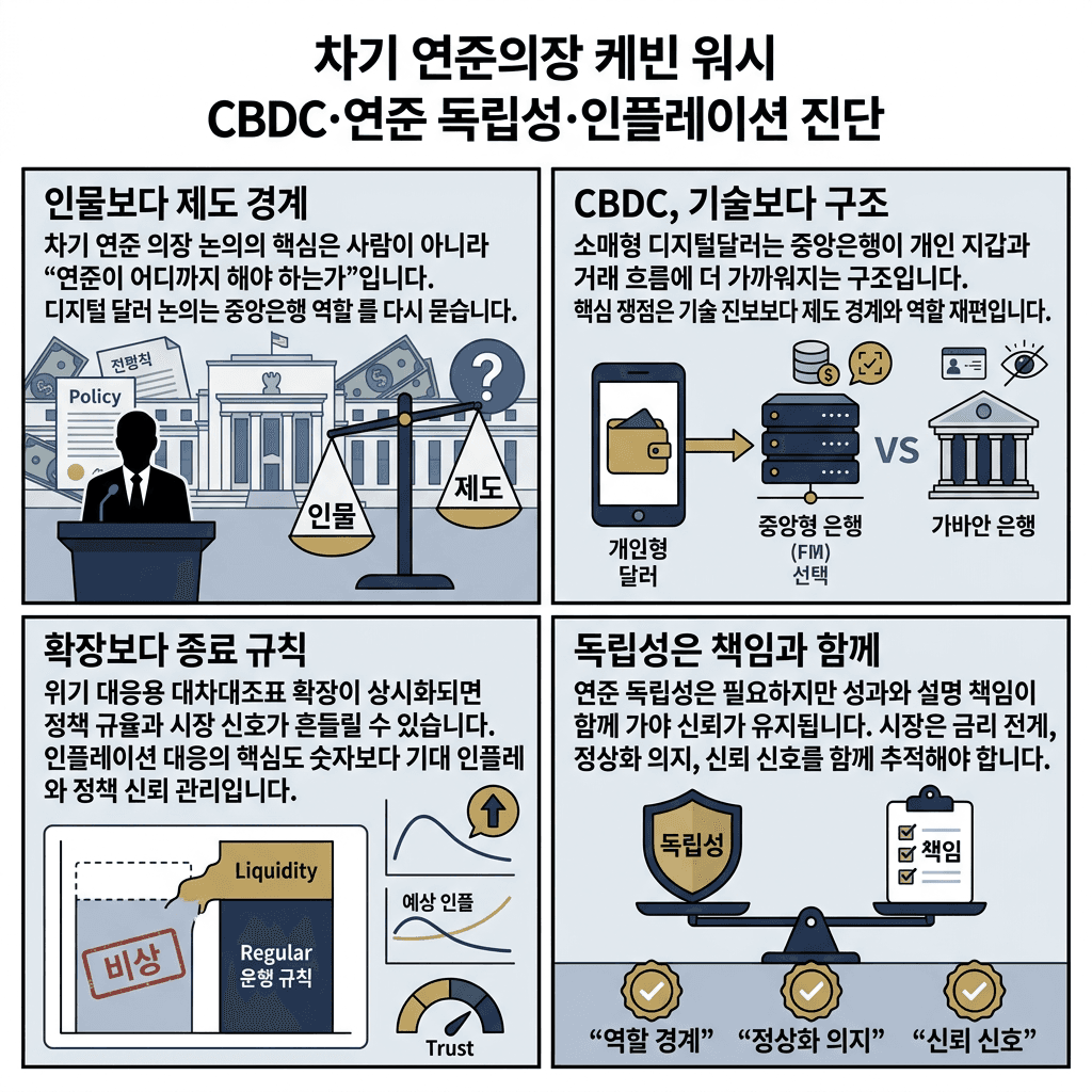 차기 연준의장 케빈 워시 - CBDC·연준 독립성·인플레이션 진단의 핵심 내용을 4단계로 요약한 인포그래픽