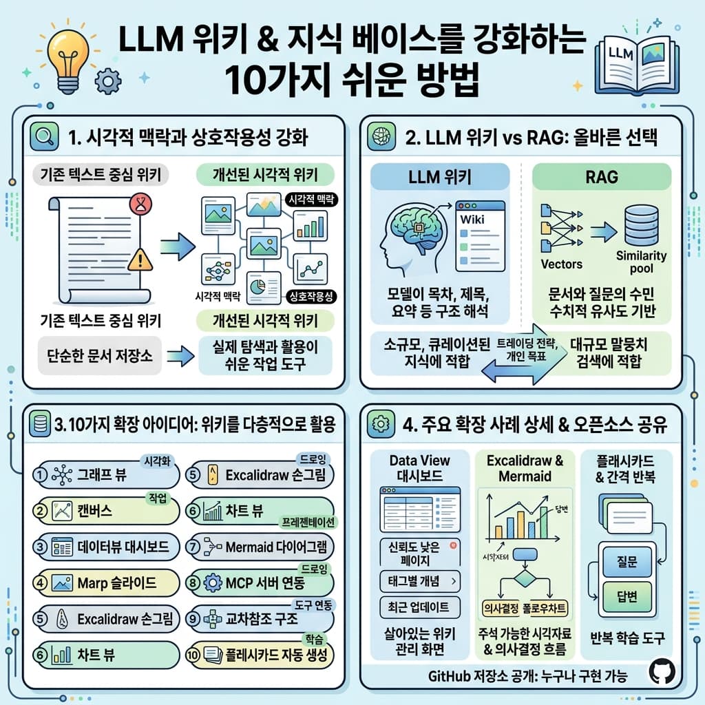 10 Easy Ways to Enhance Your LLM Wiki or Knowledge Base의 핵심 내용을 4단계로 요약한 인포그래픽