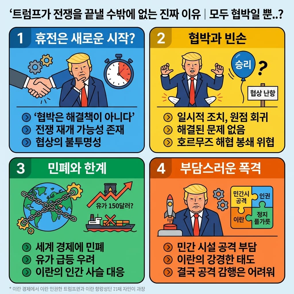 트럼프가 전쟁을 끝낼 수밖에 없는 진짜 이유의 핵심 내용을 4단계로 요약한 인포그래픽