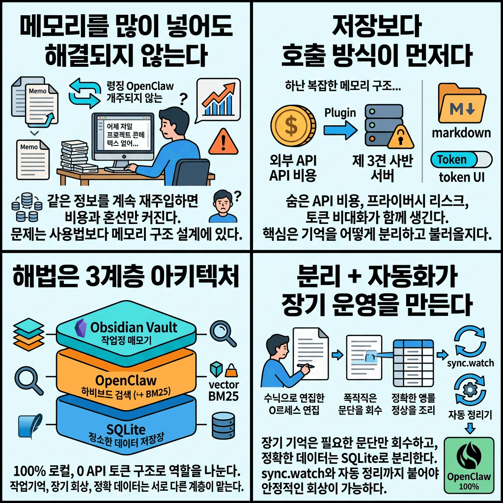 The Massive OpenClaw Memory Mistake You''re Making Right Now의 핵심 내용을 4단계로 요약한 인포그래픽