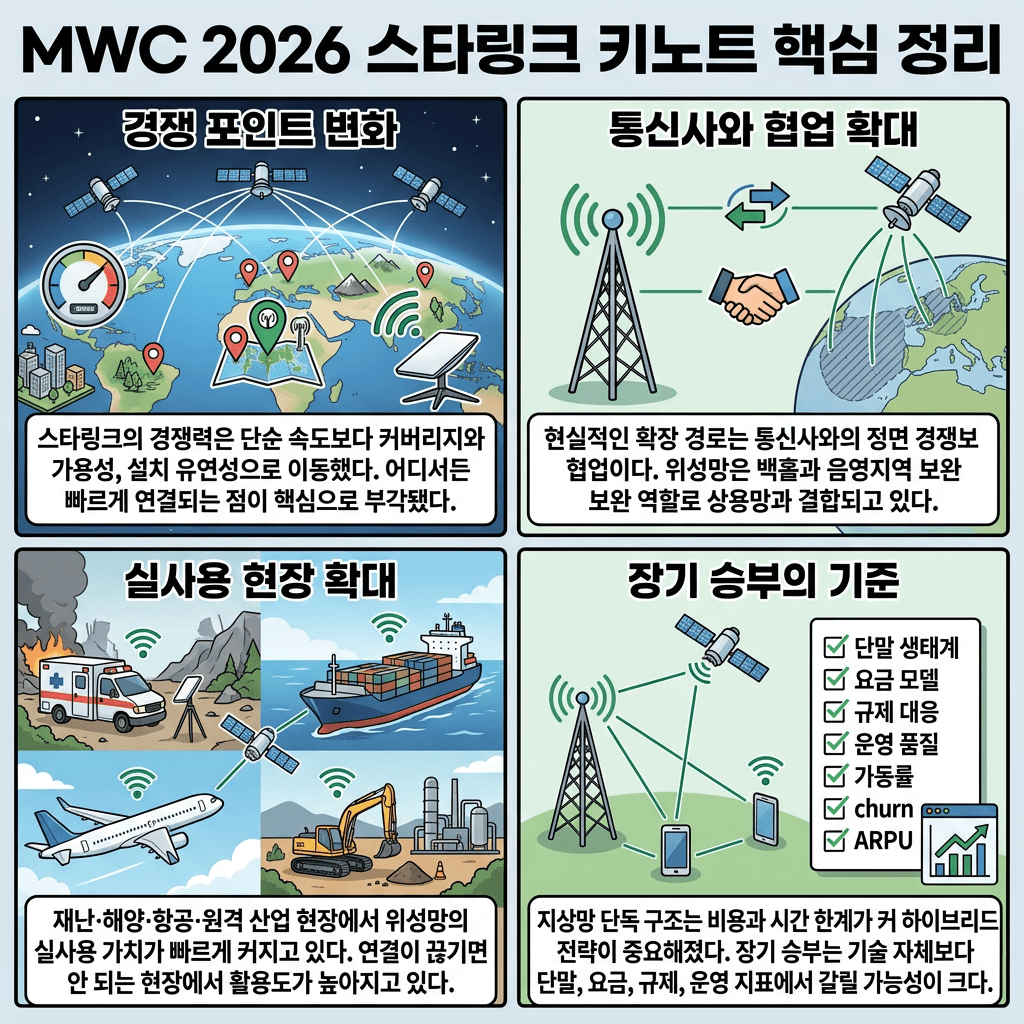 스타링크 모바일'' 세계를 하나로 연결한다. MWC 26 키노트 내용 보기의 핵심 내용을 4단계로 요약한 인포그래픽