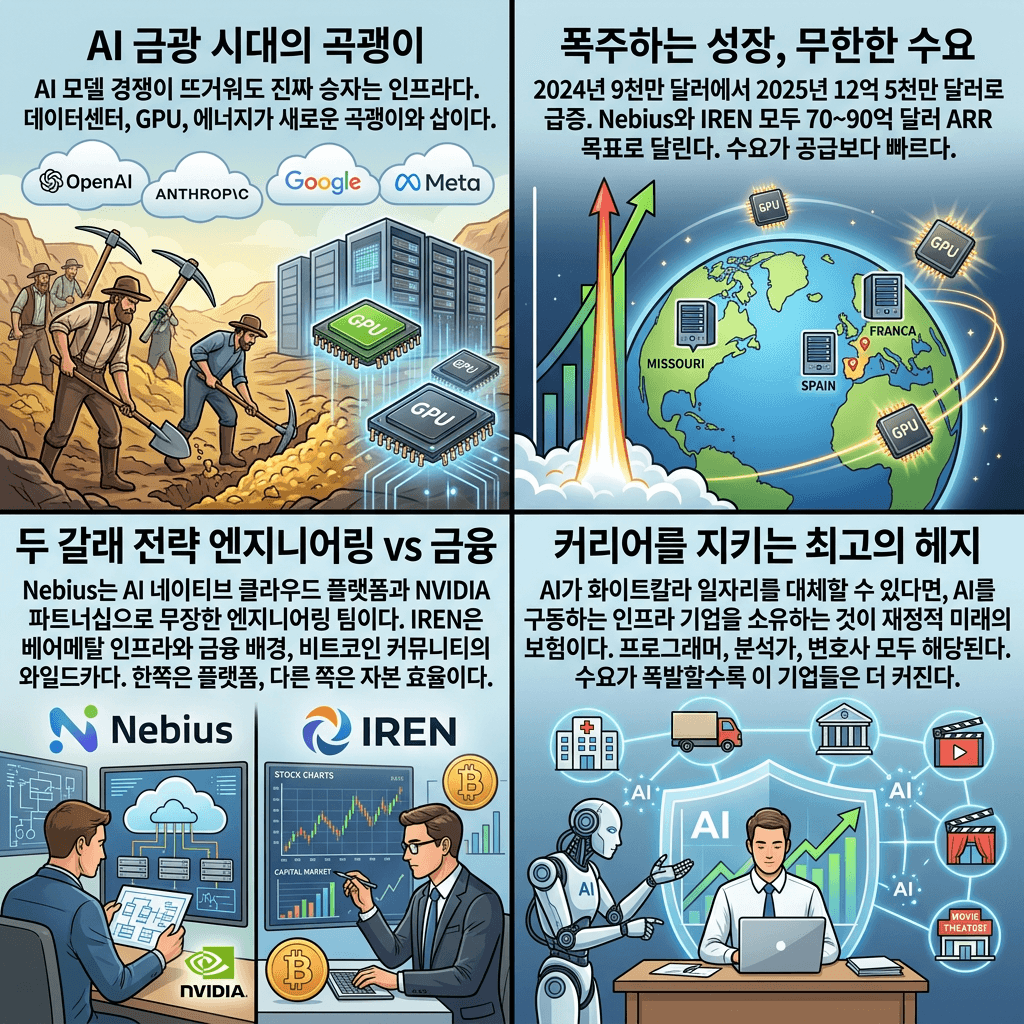 NBIS vs IREN: Which AI Infrastructure Stock Will Explode?의 핵심 내용을 4단계로 요약한 인포그래픽