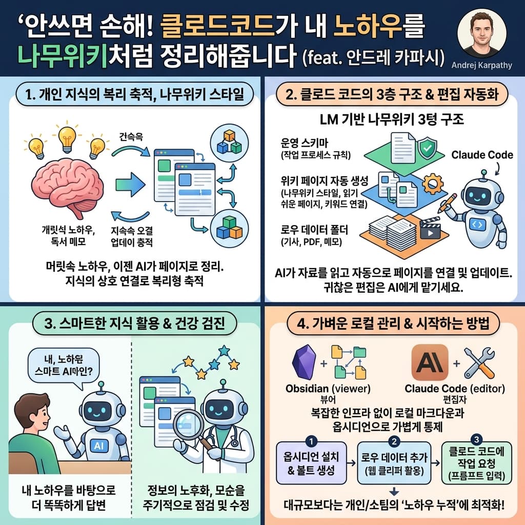 안쓰면 손해! 클로드코드가 내 노하우를 나무위키처럼 정리해줍니다 (feat. 안드레 카파시)의 핵심 내용을 4단계로 요약한 인포그래픽
