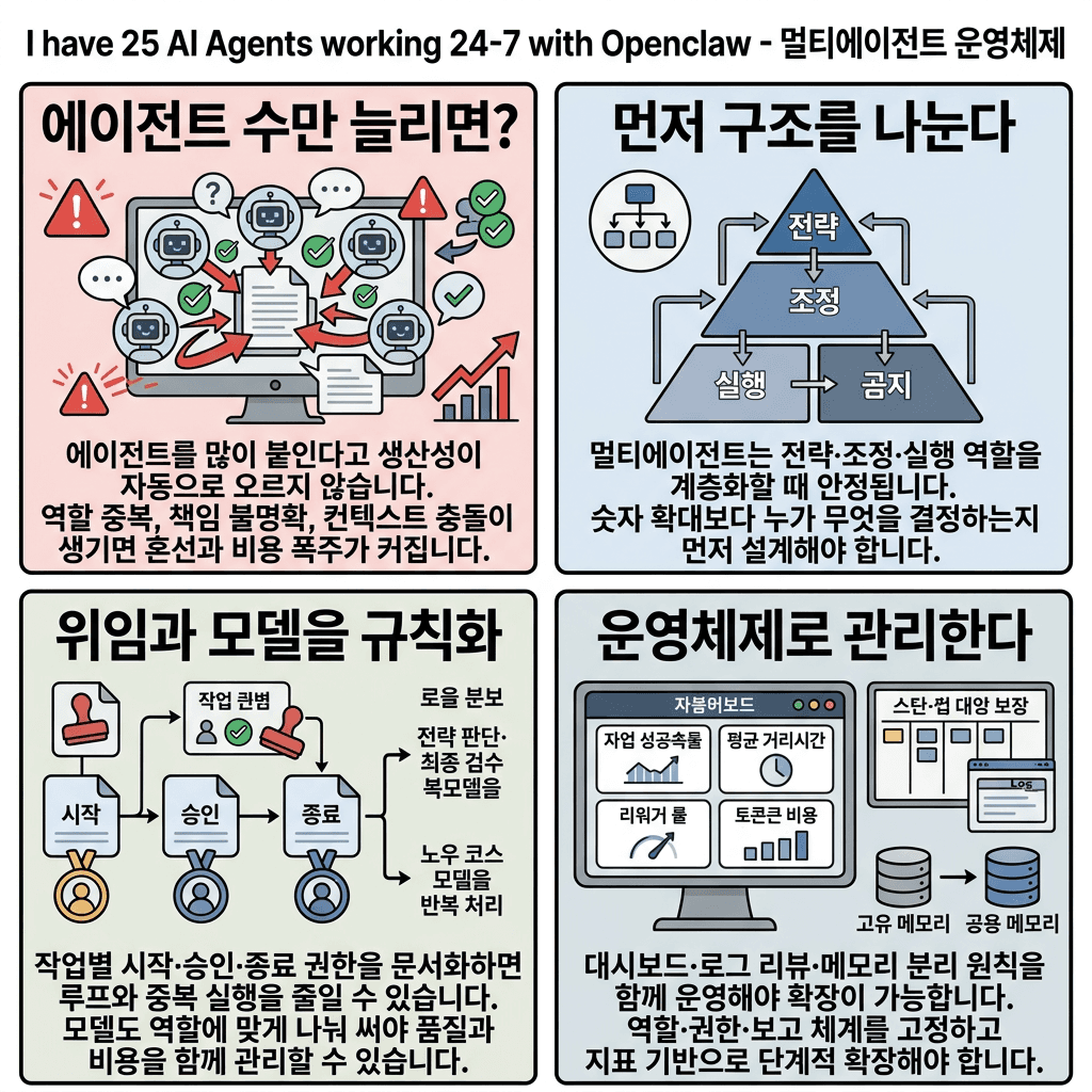 I have 25 AI Agents working 24/7 with Openclaw의 핵심 내용을 4단계로 요약한 인포그래픽