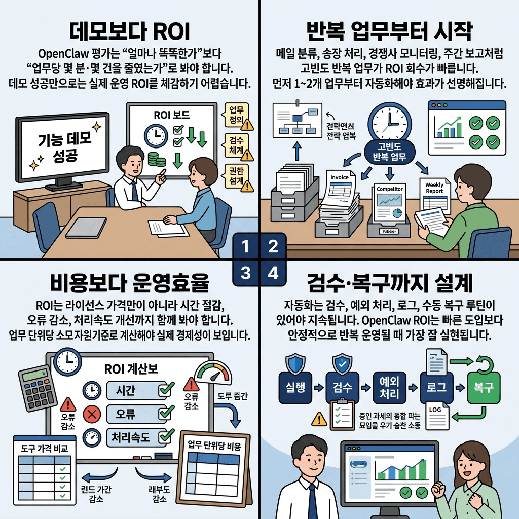 OpenClaw Is Actually a Goldmine for Small Businesses — Here''s the Math의 핵심 내용을 4단계로 요약한 인포그래픽