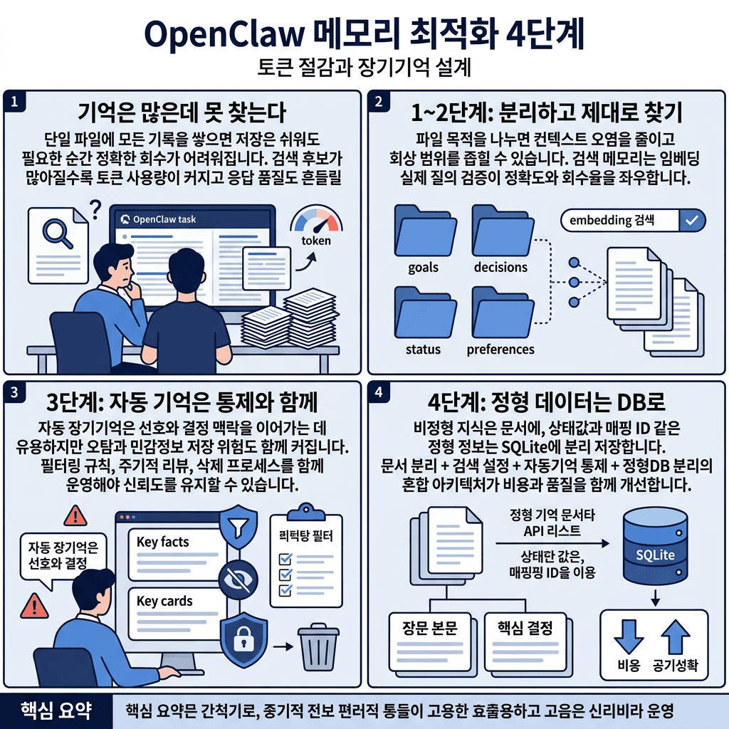 Openclaw Memory Mistake You''re Making Right Now의 핵심 내용을 4단계로 요약한 인포그래픽
